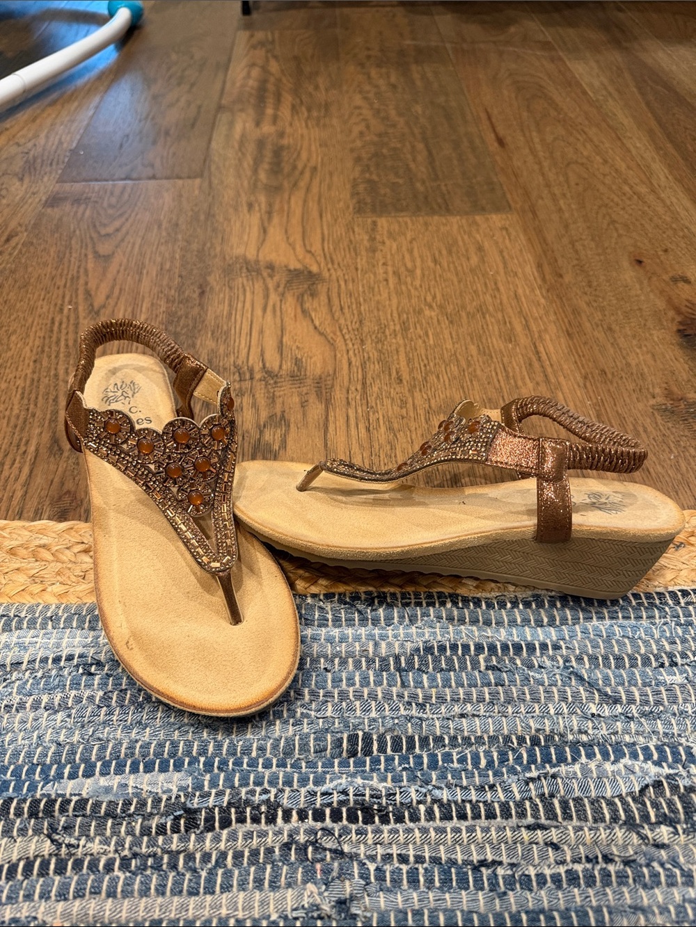 Women’s Jeweled Bronze Wedge Thong Sandals